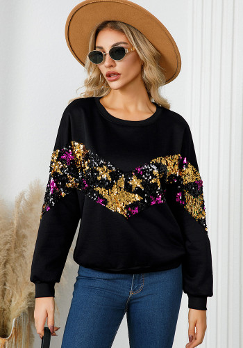 Women Casual Star Sequins Decorated Round Neck long sleeve top