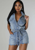 Women Stretch Short Sleeve Loose Washed Denim Jumpsuit
