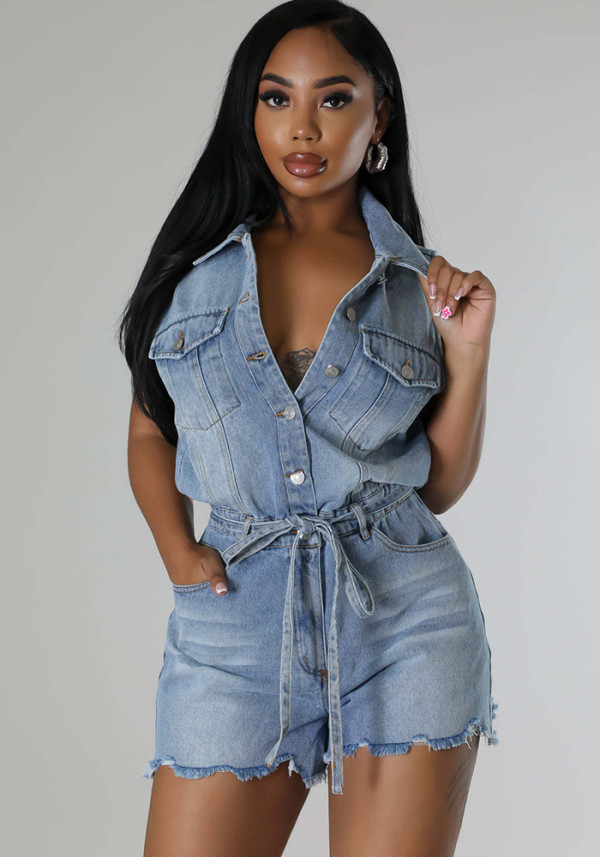 Women Stretch Short Sleeve Loose Washed Denim Jumpsuit