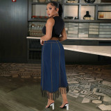 Plus Size Women Denim Tassel Button Skirt