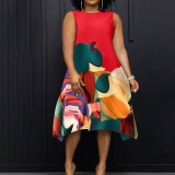 Plus Size Women Round Neck Casual Contrast Print Dress
