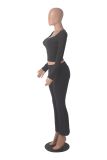 Women solid long sleeve top and bell bottom Pants two-piece suit
