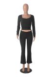 Women solid long sleeve top and bell bottom Pants two-piece suit