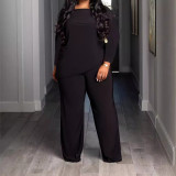 Plus size Women casual solid asymmetric top and pant two-piece set