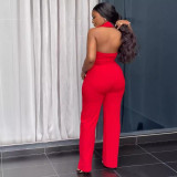 Women Halter Neck Backless V-neck button wide-leg jumpsuit