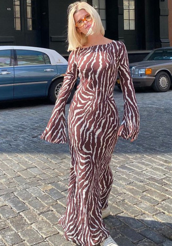 Women Bohemian See-Through Round Neck Long Sleeve Printed Maxi Dress