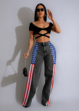 Women American Flag Printed Elastic Wide Leg Denim Pants