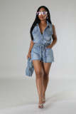 Women Stretch Short Sleeve Loose Washed Denim Jumpsuit