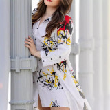 Women printed loose long-sleeved irregular shirt dress