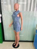Women Stretch Short Sleeve Loose Washed Denim Jumpsuit