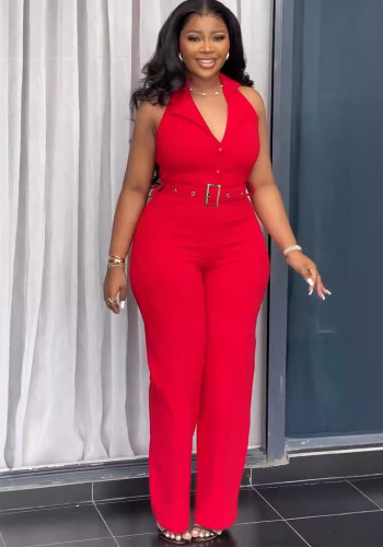 Women Halter Neck Backless V-neck button wide-leg jumpsuit