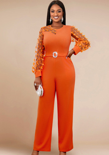 Women See-Through Lantern Sleeve Formal Party Jumpsuits