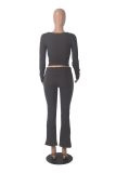 Women solid long sleeve top and bell bottom Pants two-piece suit