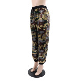Women Camouflage Sequin Elastic Lace-Up Loose Straight Leg Cuff Pants