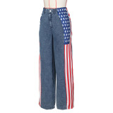 Women American Flag Printed Elastic Wide Leg Denim Pants