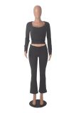 Women solid long sleeve top and bell bottom Pants two-piece suit