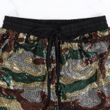 Women Camouflage Sequin Elastic Lace-Up Loose Straight Leg Cuff Pants