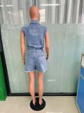 Women Stretch Short Sleeve Loose Washed Denim Jumpsuit