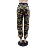 Women Camouflage Sequin Elastic Lace-Up Loose Straight Leg Cuff Pants