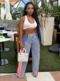 Women American Flag Printed Elastic Wide Leg Denim Pants