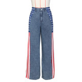 Women American Flag Printed Elastic Wide Leg Denim Pants