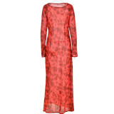 Women Bohemian See-Through Round Neck Long Sleeve Printed Maxi Dress
