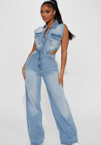 Tight Waist Slim Straight Loose Leg Washed Denim Jumpsuit Tight Waist Slim Straight Loose Leg Washed Denim Jumpsuit