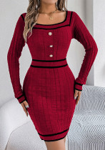 Autumn Winter Elegant Square Collar Button Long-Sleeved Sweater Bodycon Dress Women's Clothing