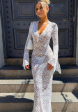 Women Sexy Deep V Neck See-Through Lace Slim Long Sleeve Long Dress