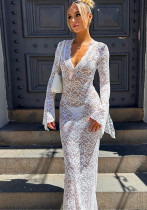 Women Sexy Deep V Neck See-Through Lace Slim Long Sleeve Long Dress