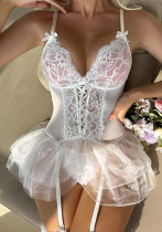 Sexy See-Through Lacemesh Lace-Up Garter Nightdress Lingerie Set