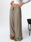 Autumn Winter Women's Casual Striped Solid Color Elastic Drawstring Cotton Straight Pants