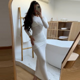 Fashion Sexy Slim Round Neck Long Sleeve Pleated Solid Color Long Dress