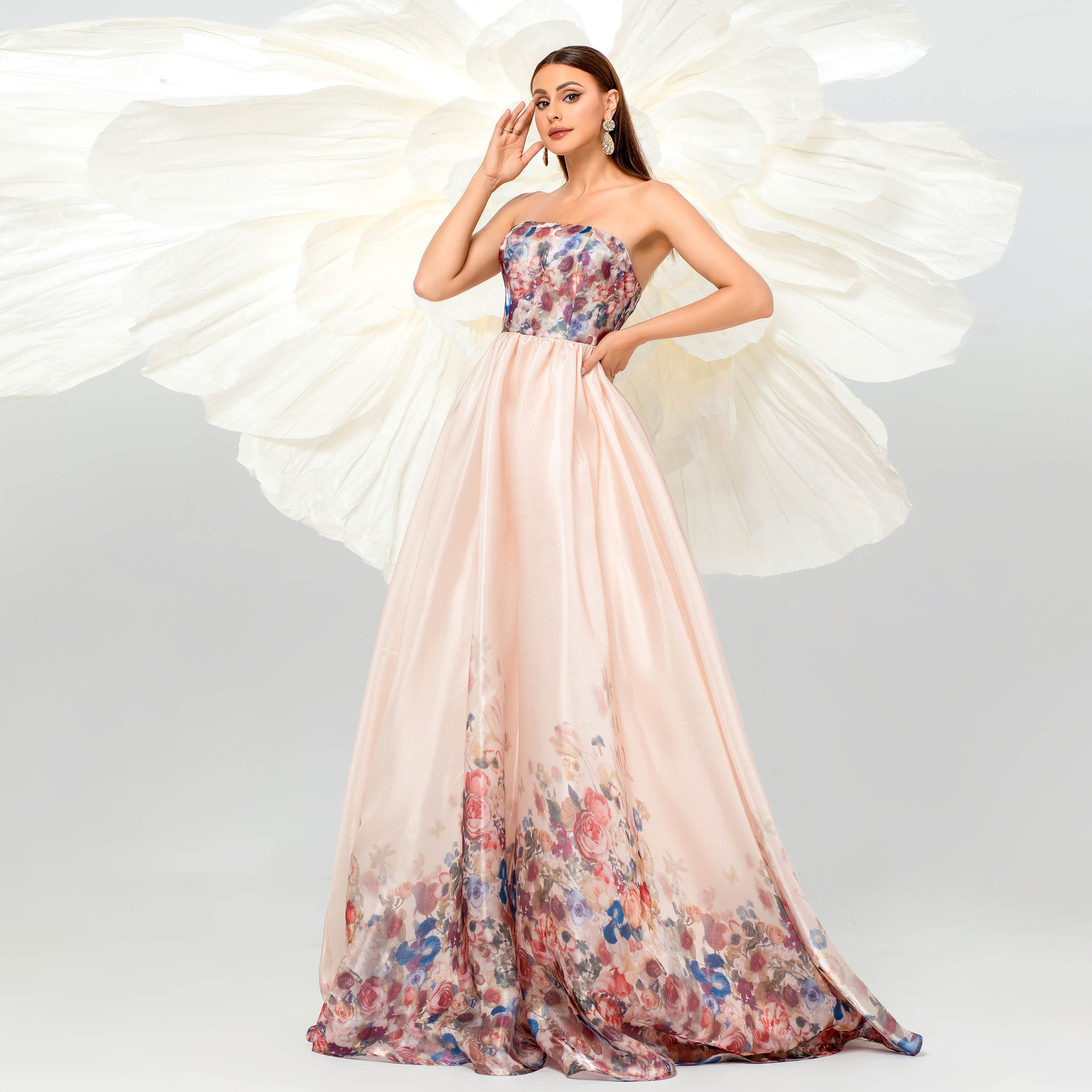 Strapless Formal Party Evening Dress Bridesmaid Dress Long Mesh Swing Dress