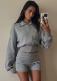 Fashion Women's Autumn Turndown Collar Long Sleeve Zipper Top Tight Fitting Shorts Two Piece Set