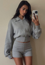 Fashion Women's Autumn Turndown Collar Long Sleeve Zipper Top Tight Fitting Shorts Two Piece Set