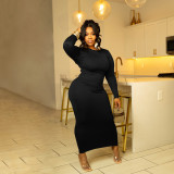 Fashion Women Solid Color Round Neck Long Sleeve Sexy Slim Long Dress