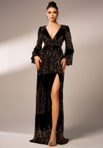 Long Sleeve V Neck Sexy Sequin Formal Party Evening Dress Bridesmaid Dress