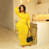 Fashion Women Solid Color Round Neck Long Sleeve Sexy Slim Long Dress