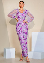 Long Sleeve V Neck Sexy Hollow Sequin Formal Party Evening Dress Bridesmaid Dress