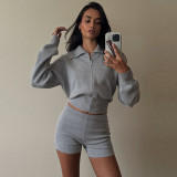 Fashion Women's Autumn Turndown Collar Long Sleeve Zipper Top Tight Fitting Shorts Two Piece Set