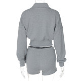 Fashion Women's Autumn Turndown Collar Long Sleeve Zipper Top Tight Fitting Shorts Two Piece Set