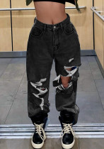 Hip-Hop Loose Straight Denim Pants Washed Distressed Same Trousers