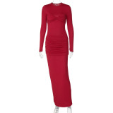 Fashion Sexy Slim Round Neck Long Sleeve Pleated Solid Color Long Dress