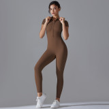 Pure Color Zipper Tight Fitting High Stretch Short-Sleeved Jumpsuit Sports Fitness Running Nine-Point Jumpsuit Yoga Clothing