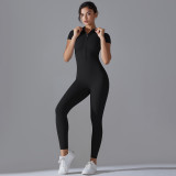 Pure Color Zipper Tight Fitting High Stretch Short-Sleeved Jumpsuit Sports Fitness Running Nine-Point Jumpsuit Yoga Clothing