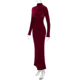 Women's Autumn Winter Fashion Chic Slim Solid Color High Collar Long Sleeve Dress