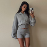 Fashion Women's Autumn Turndown Collar Long Sleeve Zipper Top Tight Fitting Shorts Two Piece Set