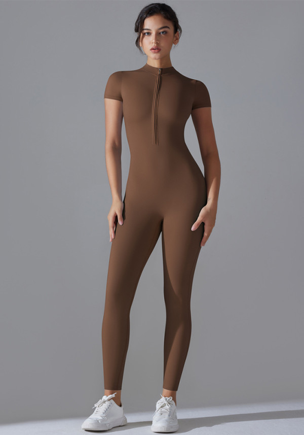 Pure Color Zipper Tight Fitting High Stretch Short-Sleeved Jumpsuit Sports Fitness Running Nine-Point Jumpsuit Yoga Clothing