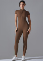 Pure Color Zipper Tight Fitting High Stretch Short-Sleeved Jumpsuit Sports Fitness Running Nine-Point Jumpsuit Yoga Clothing Pure Color Zipper Tight Fitting High Stretch Short-Sleeved Jumpsuit Sports Fitness Running Nine-Point Jumpsuit Yoga Clothing